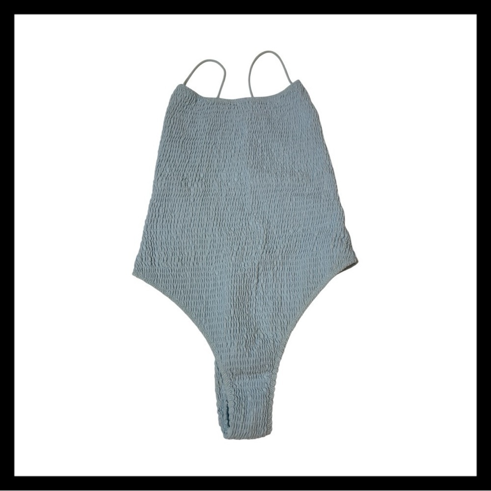 SARAH’S DAY x WHITE FOX SWIM smocked light blue scoop back square neck one pc L